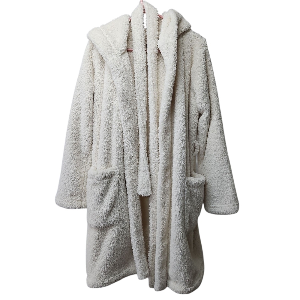 UGG White Fleece Hooded Robe w/ Belt Fluffy Sz Med Womens